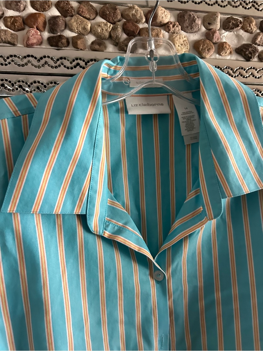 Liz Claiborne Striped Button Up Shirt Womens 14 Teal Blue White Long Sleeve